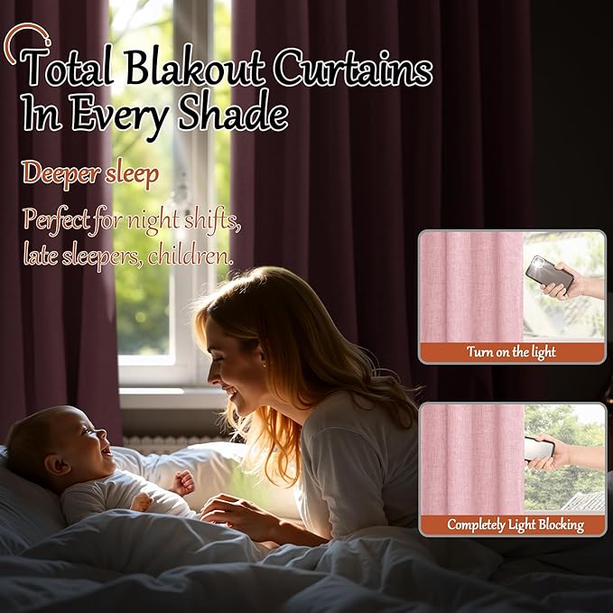 Baby Pink Linen Blackout Curtains for Nursery 63 Inch Length 2 Panels Set, Thermal Insulated Boho Total Black Out Noise Reducing Bonzer Grommets Window Curtains for Girls Bedroom, Each 38 Inch Wide