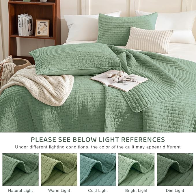 Sanracie Stonewashed Cotton Coverlet Queen Size(90"x98"), Green Ultra Soft Crinkle Quilt Bedding Set 3Pcs Cross Stitch Pattern Lightweight Breathable Bedspread Set for All Season