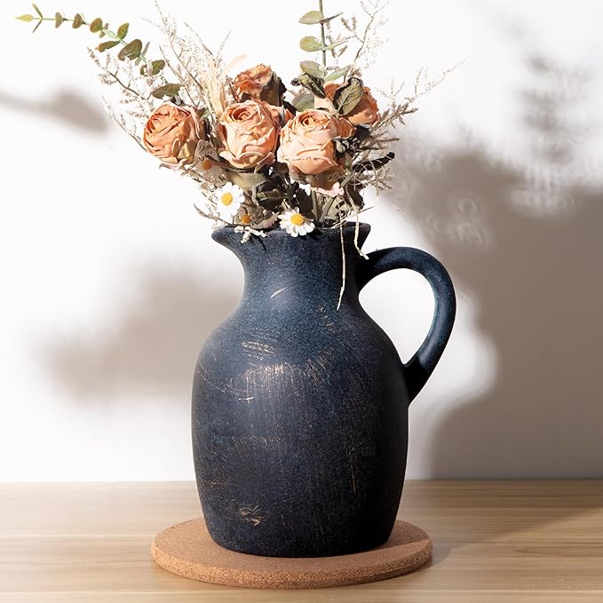 Ceramic Rustic Vase with Handle, Decorative Jug Pitcher, Terracotta Stone Vase for Decor Living Room, Vintage Home Decor, Black