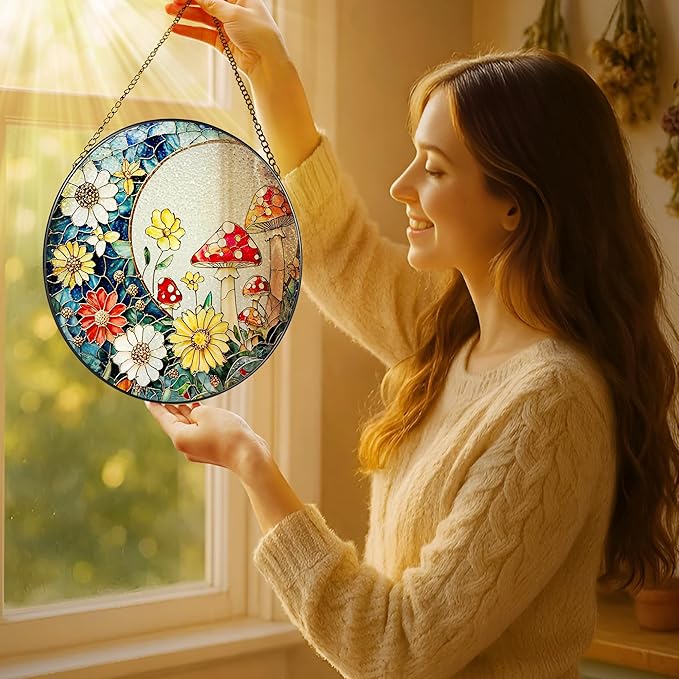 8 Inch Mushroom Suncatcher, Stained Glass Mushrooms Home Decor, Stained Glass Window Hanging, Plant Lover Gifts for Women, Birthday Gifts for Her Mom Grandma, Idea Gift, Gift Exchange