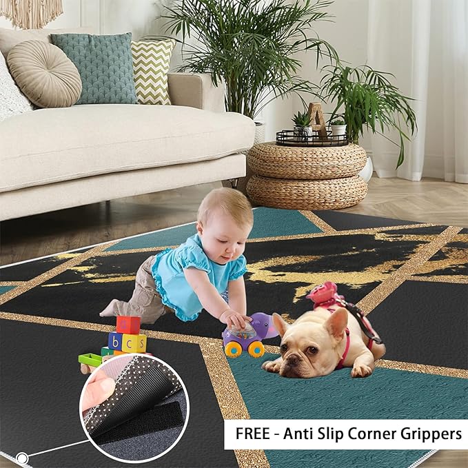 Black Gold Marble Area Rugs Emerald Green Abstract Marble Carpet Medieval Geometry Area Rug Indoor Non-Slip Carpet Golden Geometric Lines Rugs for Bedroom 5x8ft