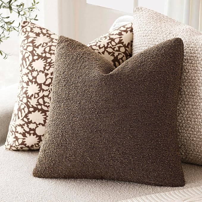 Foindtower Decorative Textured Boucle Throw Pillow Covers Accent Solid Pillow Cases Neutral Soft Cozy Couch Cushion Case for Chair Sofa Bedroom Living Room Home Decor 16x16 Inch,1PC,Chocolate