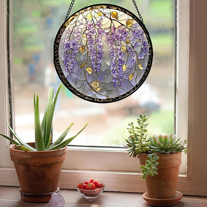 Stained Glass Window Hanging - Wisteria Flower Golden Leaves Sun Catcher for Door Home Decor Plant Suncatcher Christmas Mother's Day Birthday Gifts for Women Men Lovers Mom Nana 6.3 in