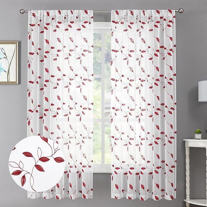 Tollpiz Burgundy Red Leaf Sheer Curtains Leaves Embroidered Living Room Curtain Rod Pocket Voile Window Treatments for Bedroom, 54 x 63 inches Long, Set of 2 Panels