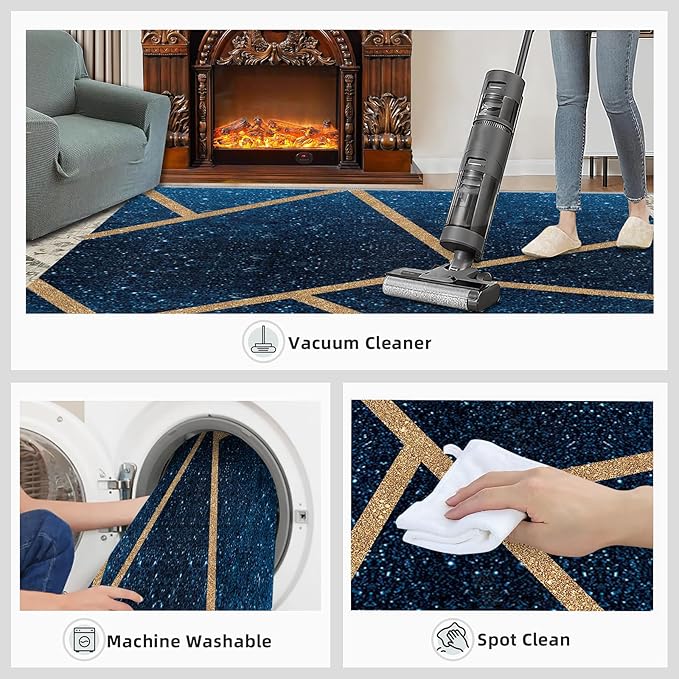 Abstract Marble Rug Navy Blue Marble Area Rug Blue Starry Geometric Area Rugs Gold Lined Geometric Shapes Rugs Modern Minimalist Carpet for Living Room Bedroom 7x10ft