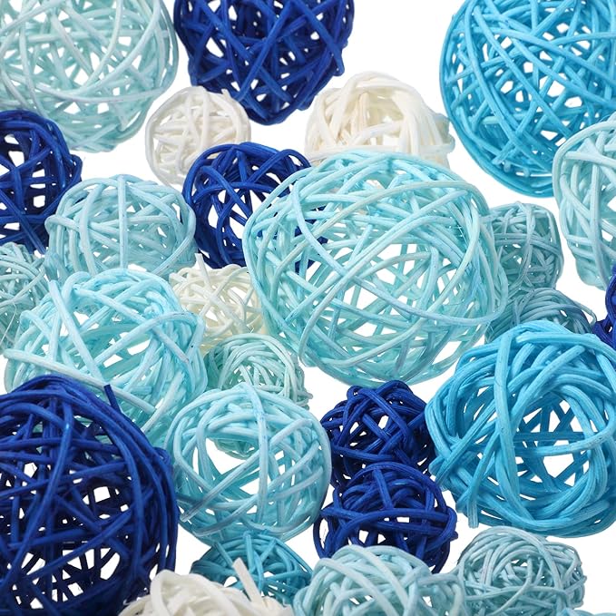 Patelai 36 Pcs Wicker Rattan Balls Decorative Balls for Vase Centerpiece Bowls Orbs Filler for Home Decor,4 Sizes(White, Blue Series)