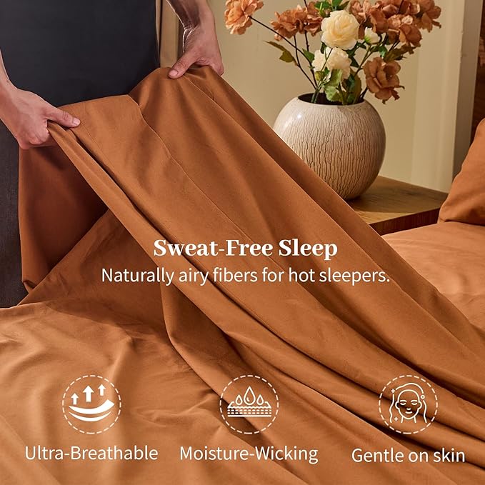 MEISHANG 100% French Pure Linen Sheets King Size - Bed Sheets 4 Piece Sets, Soft Durable Flax Linen, Anti-Tear Breathable Oeko-Tex Certified with 16" Deep Pocket (Brown)