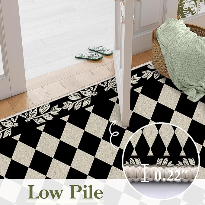 Modern Black White Checkered Pattern Runner Rug, 4x12ft, Abstract Neutral Farmhouse Decor Rugs for Living Room, Non-Shedding Low Pile Soft Foldable Carpet for Family Kitchen