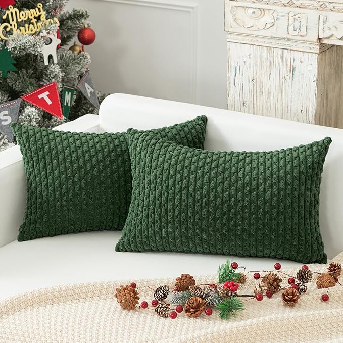 Kevin Textile Christmas Throw Pillow Covers 12x20 inch Soft Striped Decorative Cushion Cases with Hidden Zipper for Couch Sofa Bed 2 Pieces Dark Green