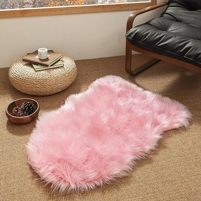 Ashler Faux Fur Area Rug - Fluffy Shaggy Sheepskin 2 x 3 Feet, Pink Fuzzy Machine Washable Shag - Nursery Decor Throw for Bedroom, Kids Room, Living Room