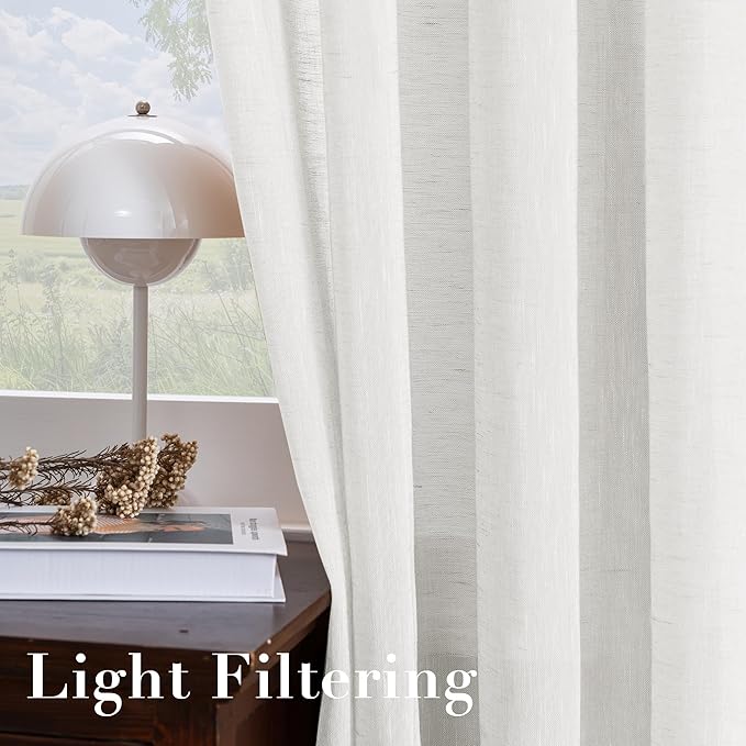 H.VERSAILTEX Natural Linen Semi Sheer Curtains Soft Semi Sheer Curtain Panels for Living Room/Nickel Grommet Window Treatment Curtains for Bedroom (52" W x 72" L, 1 Pair, White)