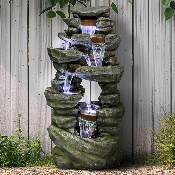 SunJet 60" High 7-Tiers Cascading Rock Outdoor Water Fountain with LED Lights - Large Outdoor Fountains and Waterfalls for Garden or Patio, Yard, and Deck Decor, Featuring Natural Stone Look