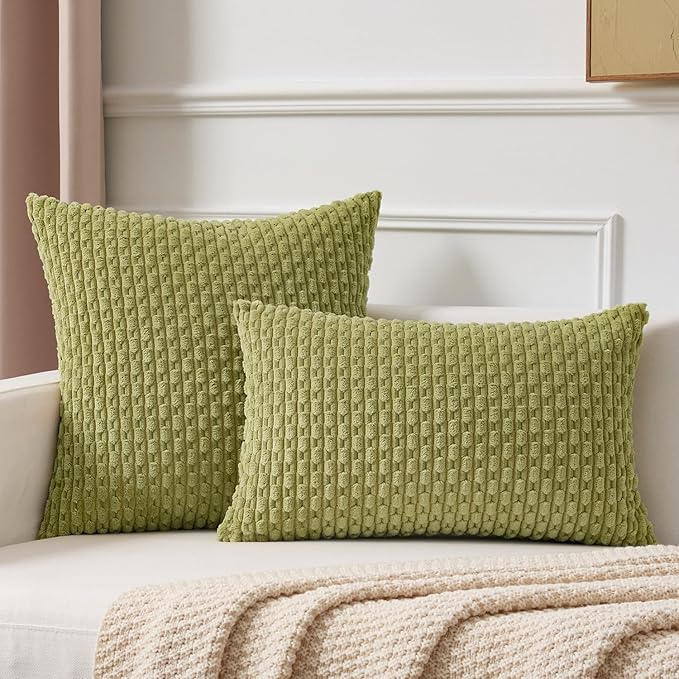 Kevin Textile Spring Decorative Pillow Covers Set of 2 Striped Plush Corduroy Rectangle Lumbars Boho Home Decor Cushion Covers for Couch Sofa Bed Living Room 12x20 Inch, Grass Green