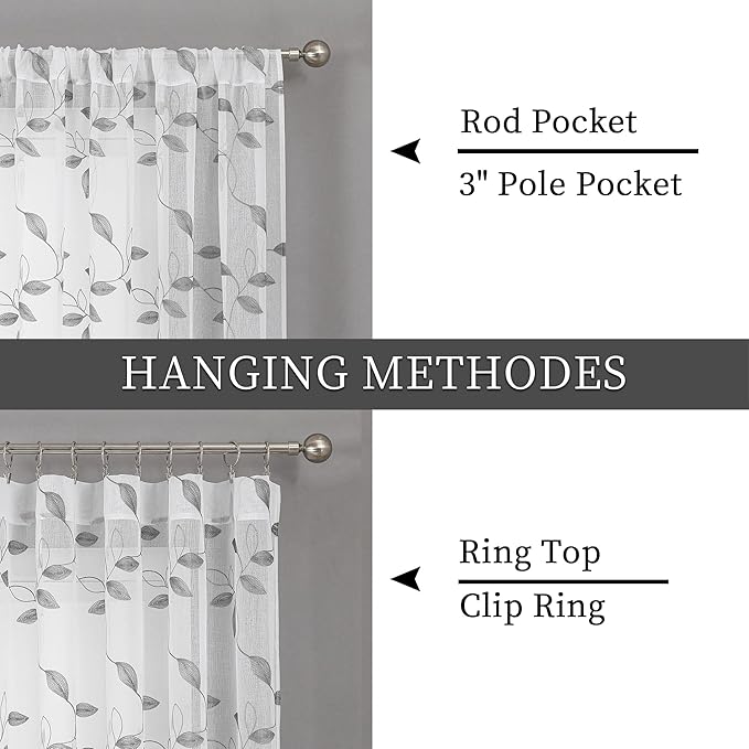 Tollpiz Grey Leaf Sheer Curtain Leaves Embroidered Living Room Short Curtains Rod Pocket Voile Window Treatment for Bedroom, 54 x 54 inches Long, Set of 2 Panels
