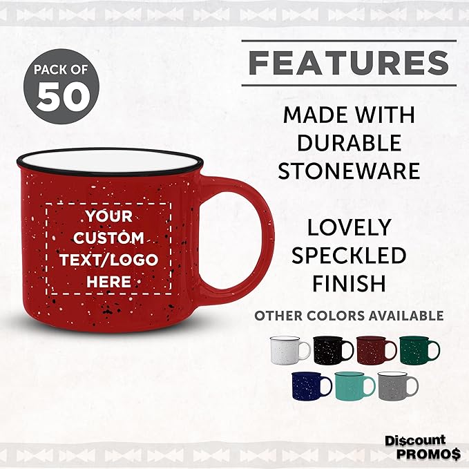 DISCOUNT PROMOS Custom Ceramic Campfire Coffee Mugs 13 oz. Set of 50, Personalized Bulk Pack - Perfect for Tea, Espresso, Cappuccino, Hot Cocoa - Red