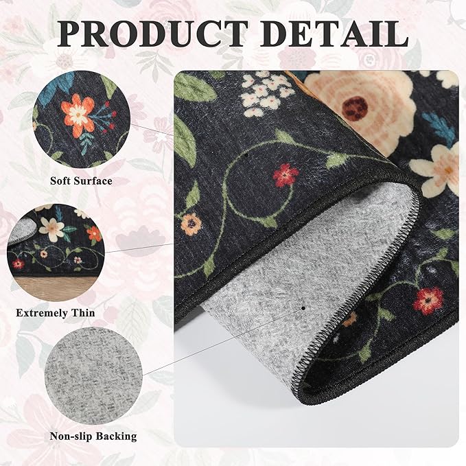 DUKINO 9x12 Area Rug, Floral Rugs for Living Room, Lightweight Non Slip Washable Rug, Indoor Low Pile & Non-Shedding Boho Design Rugs for Bedroom, Living Room, Dining Room, Black