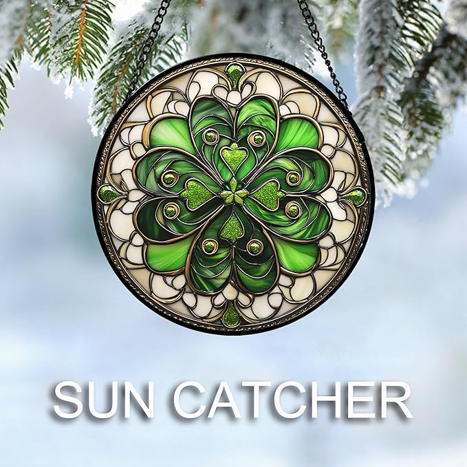 DASTOLL Stained Glass Window Hanging St. Ripak Festival Green Lucky Clover 6.3" - Suncatcher Door Garden Sun Catcher Ireland Decor Mother's Day for Mom Woman Her Men Sisters