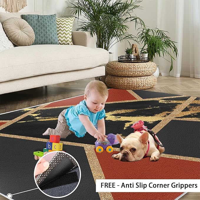 Black Gold Marble Area Rug Modern Abstract Marble Rug Polygonal Geometric Patchwork Carpet 3D Light Luxury Geometric Line Carpet for Living Room Playroom 5x6ft