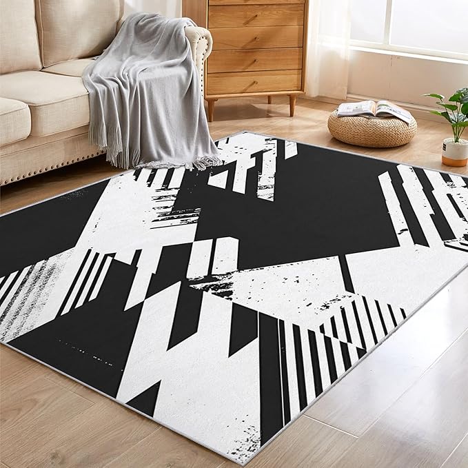 Black and White Rugs for Home Decor, 7x9 ft, Abstract Geometric Area Rugs for Living Room, Soft Non Slip Washable Modern Minimalist Carpet Bedroom Decorations Dt-Ghf-31