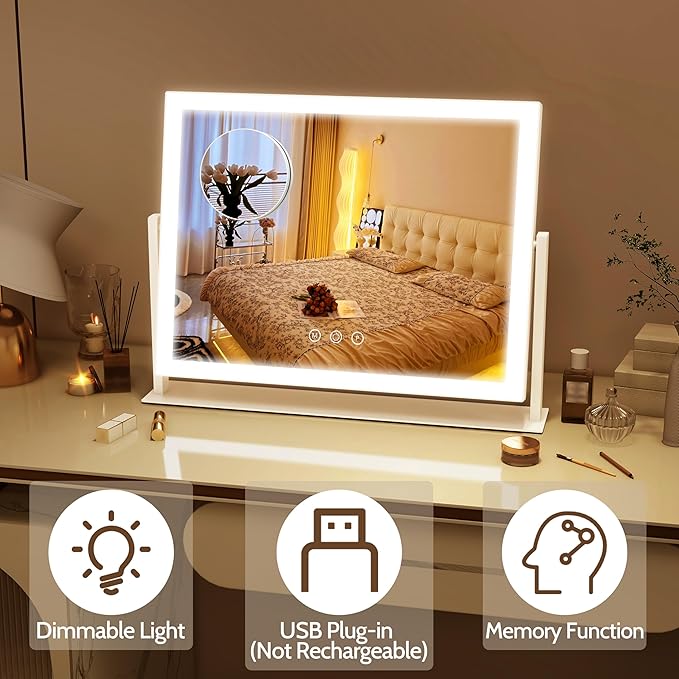 ROLOVE Lighted Makeup Mirror 16.3"x12.6", Hollywood Vanity Mirror with 10X Magnifier, 3 Color LED Lighting Modes, Smart Touch Control & 360° Rotation, Tabletop Makeup Mirror (White, Gift Ready)