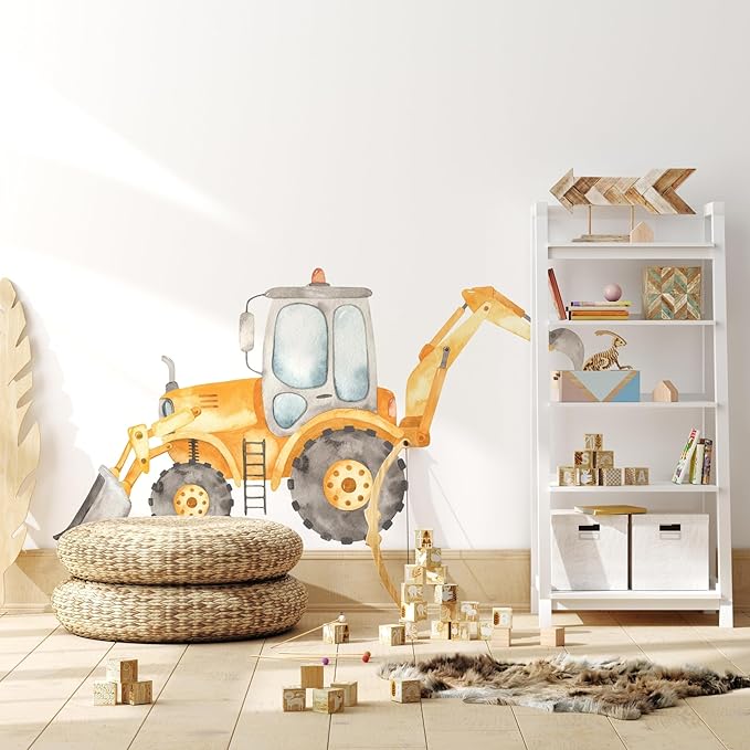 Construction Tractor Backhoe Loader Wall Decal for Boys Room, Construction Eqipment Peel Stick Removable Fabric Wall Sticker, Nursery or Playroom Decor, Repositionable (30 inch: 16" Tall x 30" Wide)