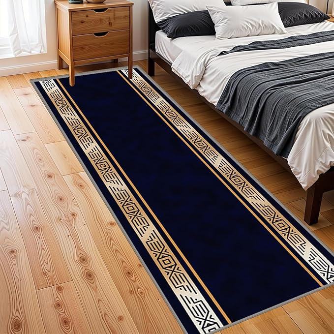 Abstract Navy Blue Runner for Entryway, 1.3x7ft, Retro Luxury Gold Geometric Border Living Room Rug, Print Fade Resistant Absorbent Dirty Resistant Long Indoor Rugs for Bedside Sofa