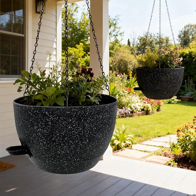 WOUSIWER Self Watering Hanging Planters, 2 Pack 12'' Plastic Pots with Drainage Holes & Reservoir Tray (Speckled Black) | Indoor & Outdoor Use for Ferns, Ivy, Herbs, Succulents