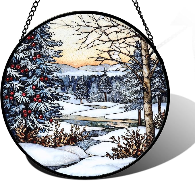 Stained Glass Window Hanging, Winter Snow Landscape Suncatcher Diamond Glass Panel Sun Catchers Decor for Birthday for Women, Men, Wife, Aunt, and Mom 9.8 in