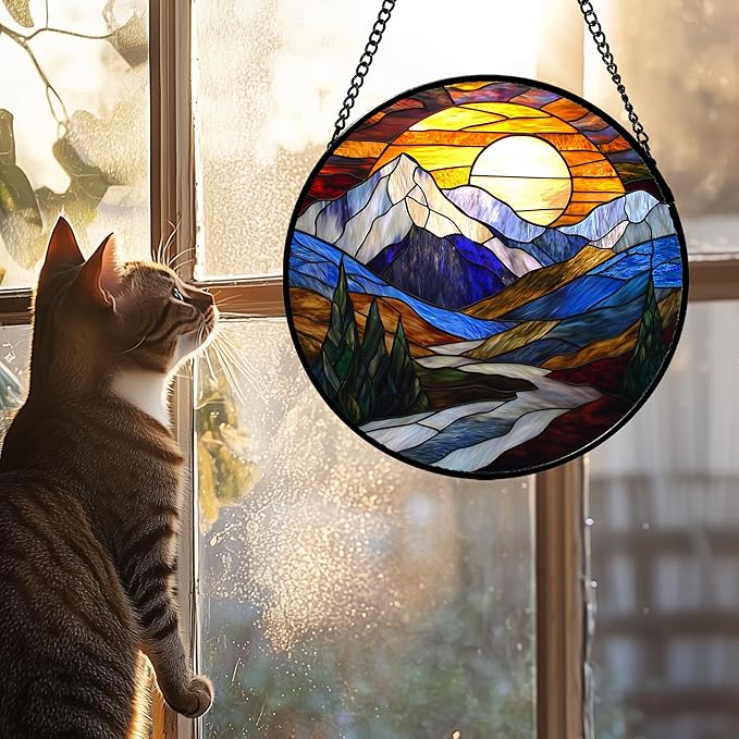 Stained Glass Window Hanging, Yellow Blue Sunset Mountains Scenery Sun Catcher for Window Home Decor Landscape Suncatcher Mother's Day Birthday Gifts for Women Men Mom and Nana 7.8 in