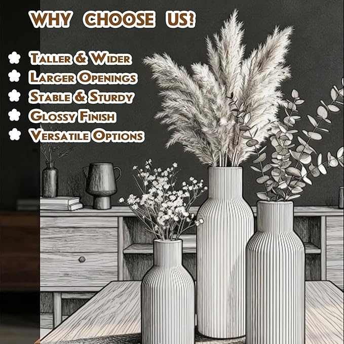 Ceramic Vases Set of 3, Modern Ribbed Vases with Glossy Finish, Decorative Flower Vases in 5.9", 7.8", 9.8" for Home Decor, Living Room, Bedroom, Table Centerpiece (Pink, Blue, Orange)