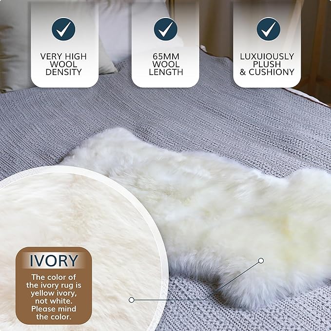 WaySoft New Zealand Sheepskin Area Rug – Genuine Fluffy Wool, Multiple Sizes, Bedroom or Living Room Decor(2ft x 6ft,Grey)