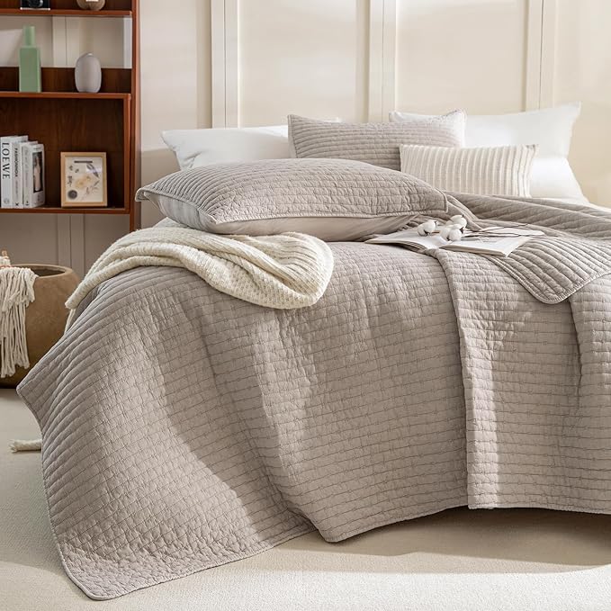 Sanracie Stonewashed Cotton Coverlet Oversized King(118"x106"), Linen Colored Ultra Soft Crinkle California King Quilt Bedding Set Lightweight Cross Stitch Bedspread Set 3Pcs for All Season