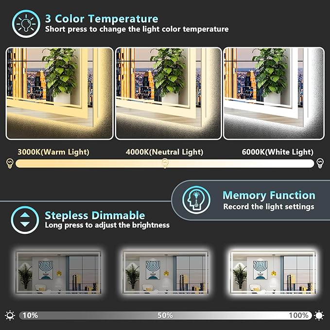 84x32 Inch LED Bathroom Mirror with Lights, Backlit & Front Lit, Anti-Fog Lighted Vanity Mirrors for Bathroom Wall, Dimmable, 3-Color Light, Memory, Shatter-Proof, Tempered Glass, ETL Listed