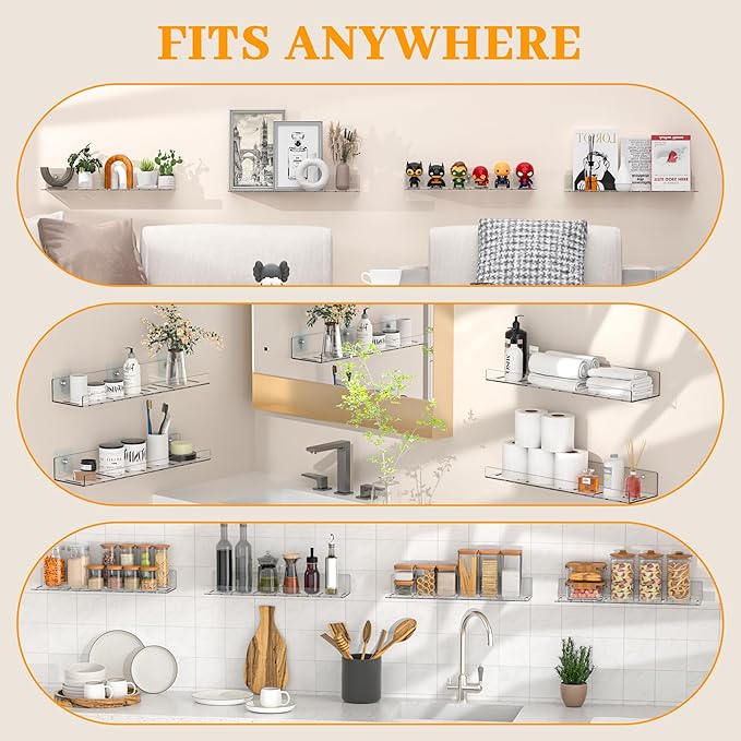 LAZYROSY 4 Pack Floating Shelves – Clear Acrylic/PET Wall-Mounted No Drill Storage with Adhesive, Invisible Bathroom & Bedroom Shelving for Kitchen, Living Room, Transparent Decor