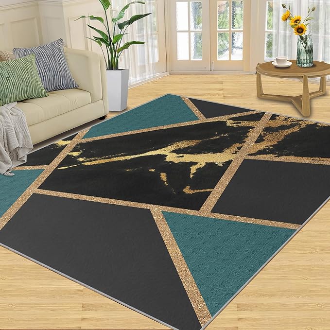 Black Gold Marble Area Rugs Emerald Green Abstract Marble Carpet Medieval Geometry Area Rug Indoor Non-Slip Carpet Golden Geometric Lines Rugs for Bedroom 5x8ft