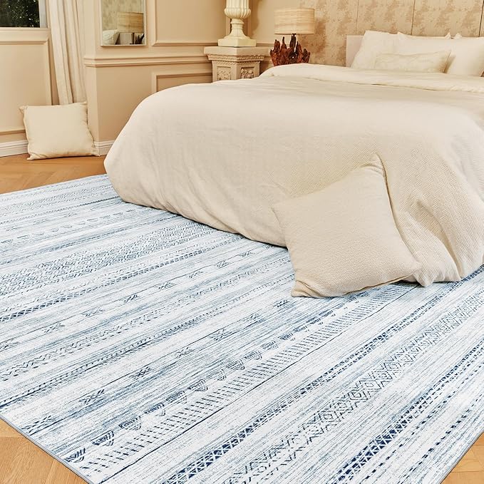 5x7 Area Rugs for Living Room Machine Washable Rug Distressed Indoor Carpet Neutral Moroccan Boho Rug Ultra Soft Area Rug for Bedroom Dining Room Playroom Office, Blue