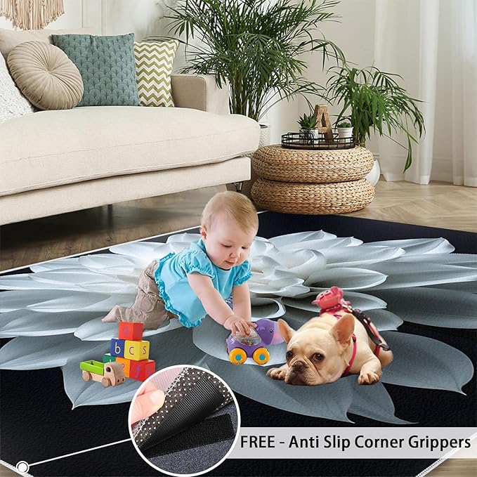 Petals Washable Area Rugs 5x6 Non-Slip Dahlia Living Room Rug White Flower Soft for Carpet Low Pile Indoor Door Mat & Room Decor