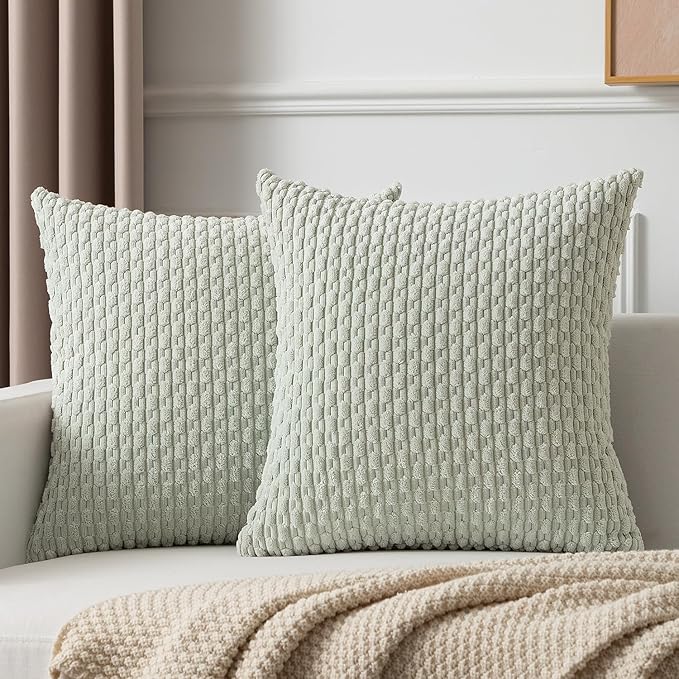 Kevin Textile Pack of 2 Corduroy Decorative Throw Pillow Covers 16x16 Inch Spring Soft Boho Striped Pillow Covers Modern Farmhouse Home Decor for Spring Sofa Living Room Couch Bed Light Green