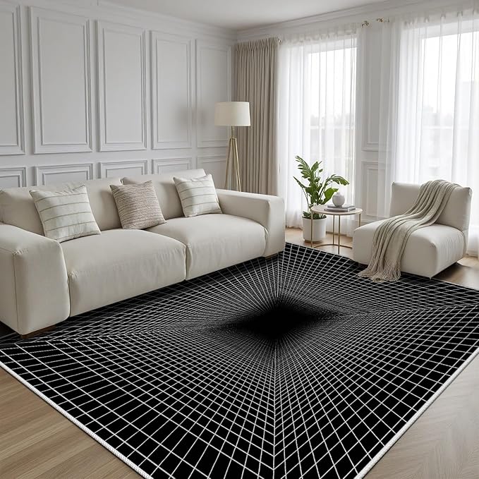 Optical Illusion Rug - Washable Rugs 8x10, Abstract Geometric Lines Soft Neutral Indoor Floor Mats Plaid Carpet, Non-Slip Stain Resistant Modern Black Rug for Bedroom, Living Room Rugs