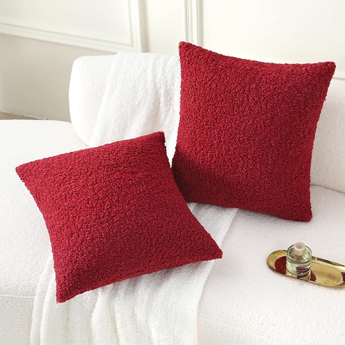 FUTEI Christmas Maroon Red Throw Pillow Covers 22x22 Inch Set of 2,Furry Faux Fur Teddy Boucle Textured Cushion Covers,Soft Fluffy Decorative Pillow Case,Home Decor for Couch Bed Living Room Car
