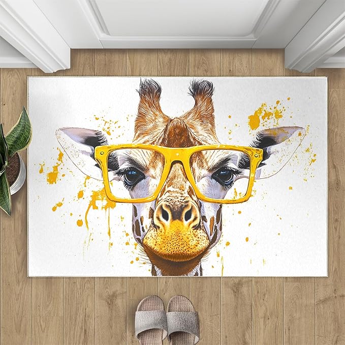 Giraffe 4x5 Area Rugs for Living Room, Funny Animals Washable Non Slip Rugs, Pop Art Low Pile Print Rug for Bedroom, Dining Room, Home Office