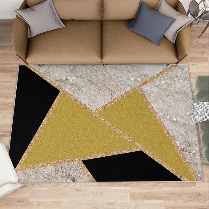 Geometric Marble Area Rugs for Living Room Black Gold Marble Rug Triangular Geometric Carpet Modern Minimalist Door Mat for Bedroom Hardwood Floors 6x9ft