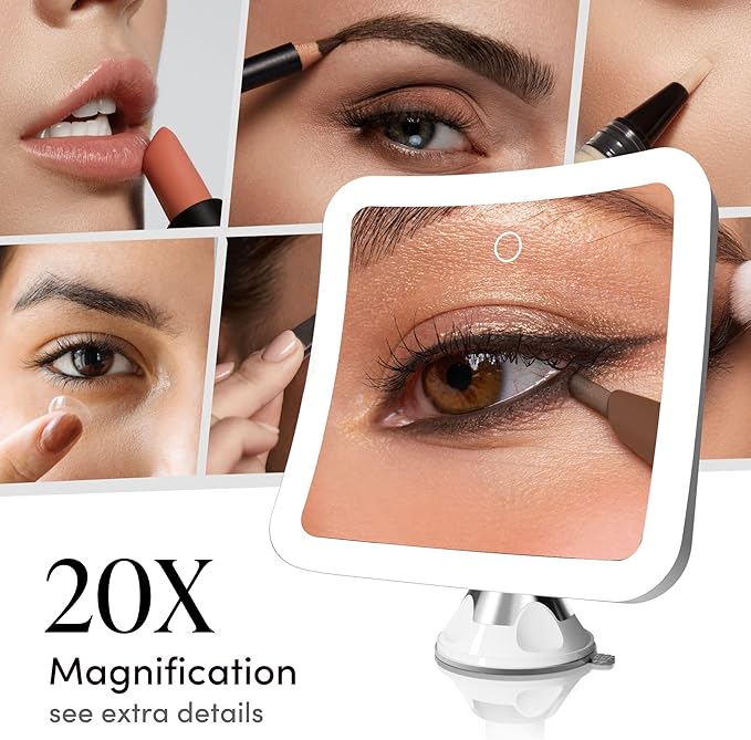 Fancii 20x Magnifying Makeup Mirror with LED Lights, Rechargeable, High Zoom | 7-inch Large Lighted Travel Mirror for Vanity and Bathroom, Dimmable, 3 Light Settings, Strong Suction, 360° Rotation