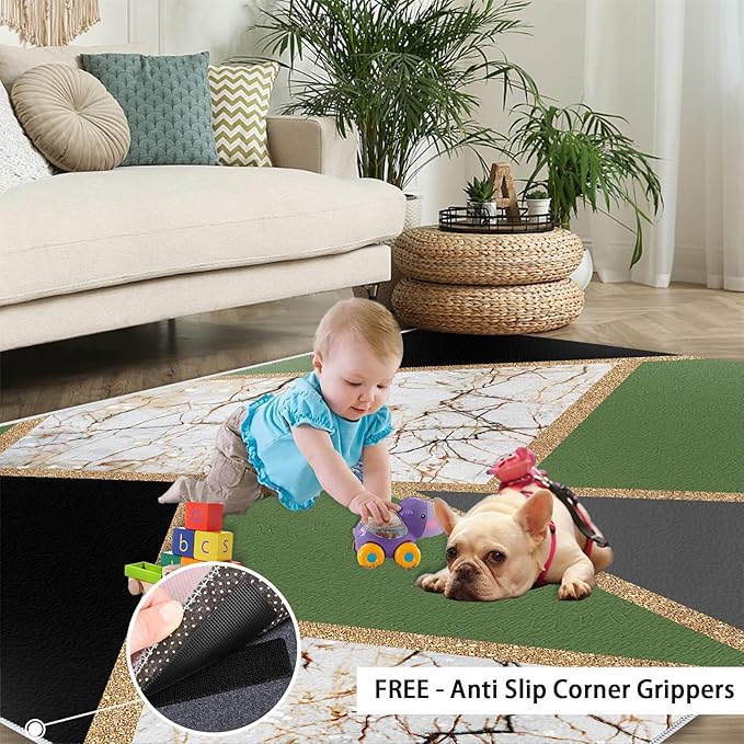 Jadeite Marble Area Rugs 3D Black Gold Marble Rug Light Luxury Geometric Line Carpet Mid-Century Simple Rug Stone Cracks Rugs for Living Room Bedroom 4x5ft