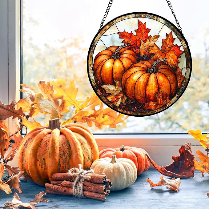 DASTOLL Stained Glass Window Hanging, Pumpkin Maple Leaf Suncatcher for Doors Home Sun Catchers Decoration and Christmas, Mother's Day Birthday Gifts for Women, Men, and Mom 9.8 in