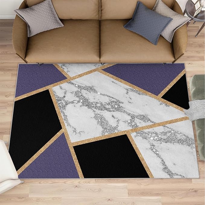 Black Gold Marble Area Rugs Geometric Marble Area Rug Modern Minimalist Carpet Irregular Geometric Patchwork Carpet Low Pile Non-Slip Rug for Living Room 5x6ft
