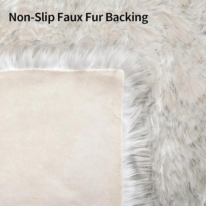 Faux Fur Sheepskin Area Rug for Living Room Bedroom, White with Grey Tips, 2 x 6 Feet Ultra Soft Shaggy Fuzzy Furry Carpet Chair Throw Runner Rugs for Kids, Girls, Nursery Room Decor Dorms