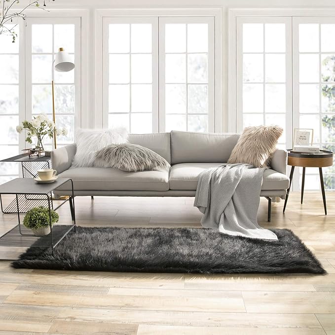 Ashler faux fur rug, Fluffy Shaggy Area Rug Ultra Soft 2.2 x 6 Feet Rectangle Fur Rug, Black Fuzzy Rug Machine Washable Shag Rug, Nursery Decor Throw Rugs for Bedroom, kids room, Living Room