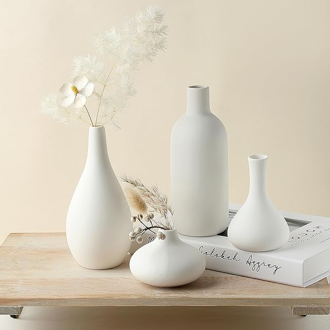 Set of 12 White Ceramic Vase for Pampas Grass Flowers, Japandi Small Vases in Bulk for Wedding Centerpieces, Shelf and Table Decorations, Living Room and Bedroom Decor, DIY Gift