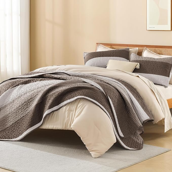 Litanika Quilt Queen Size Brown, Stripe Patchwork Summer Bedspread Coverlet 3 Pieces, Soft Lightweight Microfiber Quilted Bedding Set for All Season(1 Quilt, 2 Pillowcases)